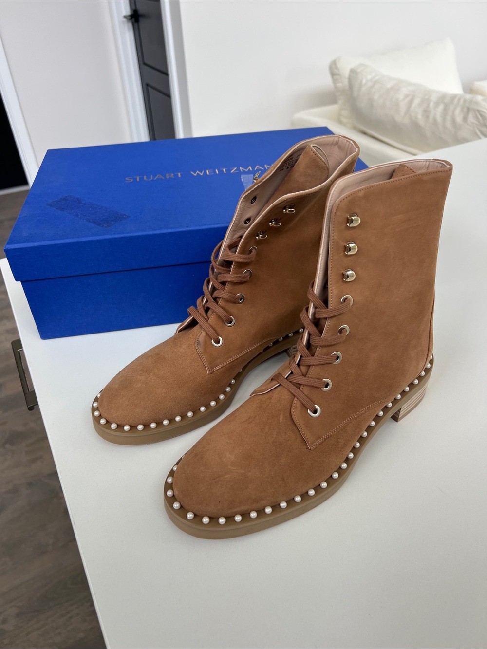 Stuart Weitzman sondra tan leather faux pearl studded booties ankle boots 5.5